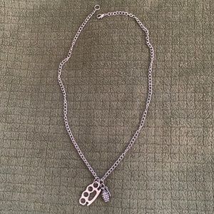 Fashion necklace w/ brass knuckle & grenade charms